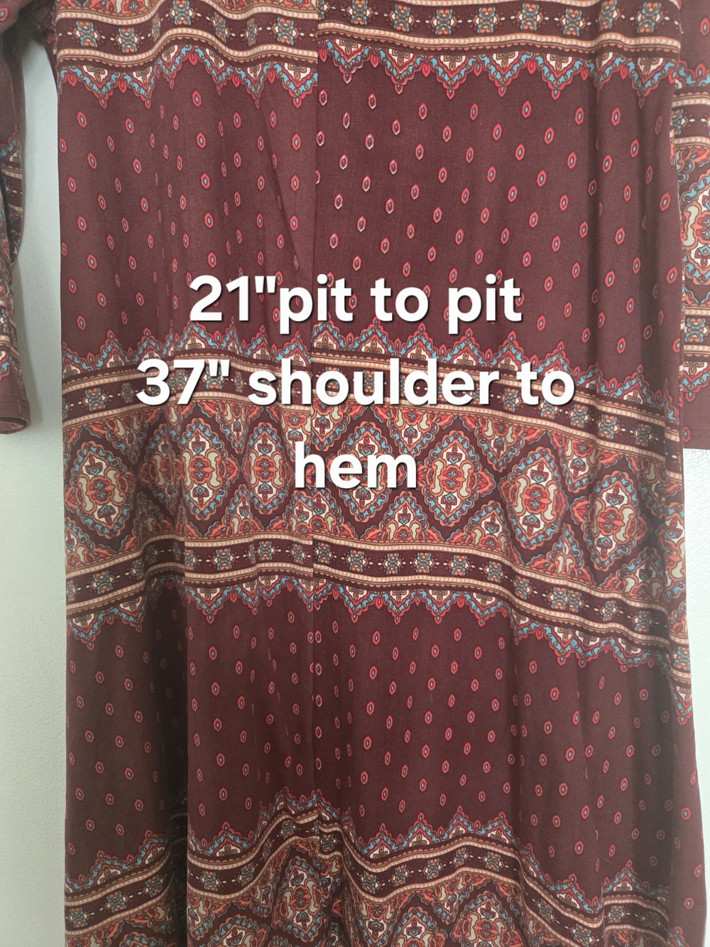 4/$15 Boho Printed Long Sleeve Swing Dress - Burgundy Retro Cottagecore - Picture 7 of 7